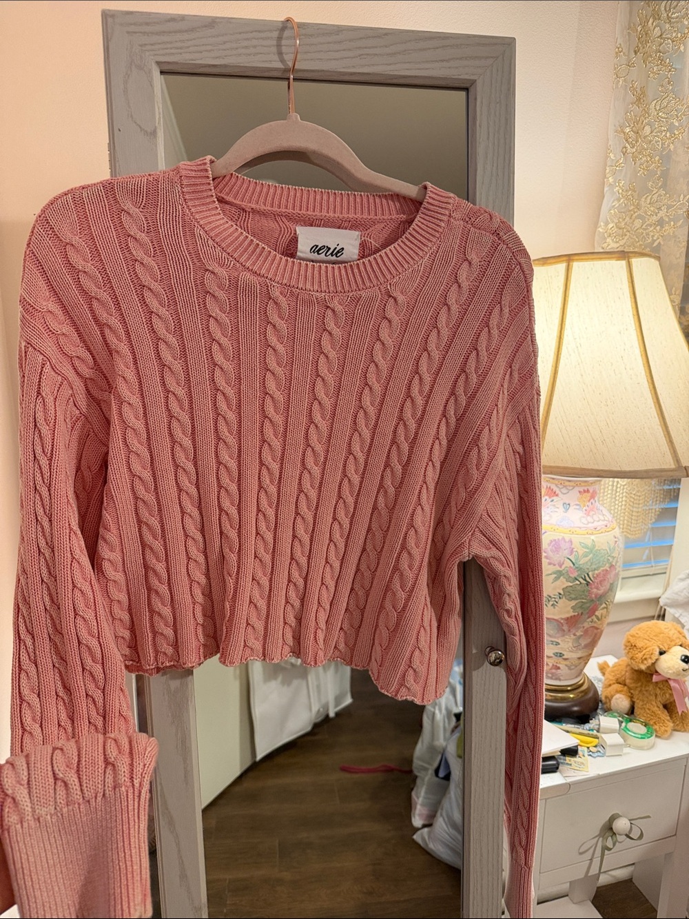 Aerie Rose Pink Cable-Knit Beach Cropped Crewneck Sweater